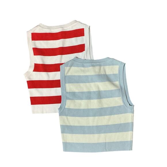 ZARA Cropped Knit Tank Top Sleeveless Stripped Light Blue/Red 2 Pc Bundle Size S - Picture 2 of 9